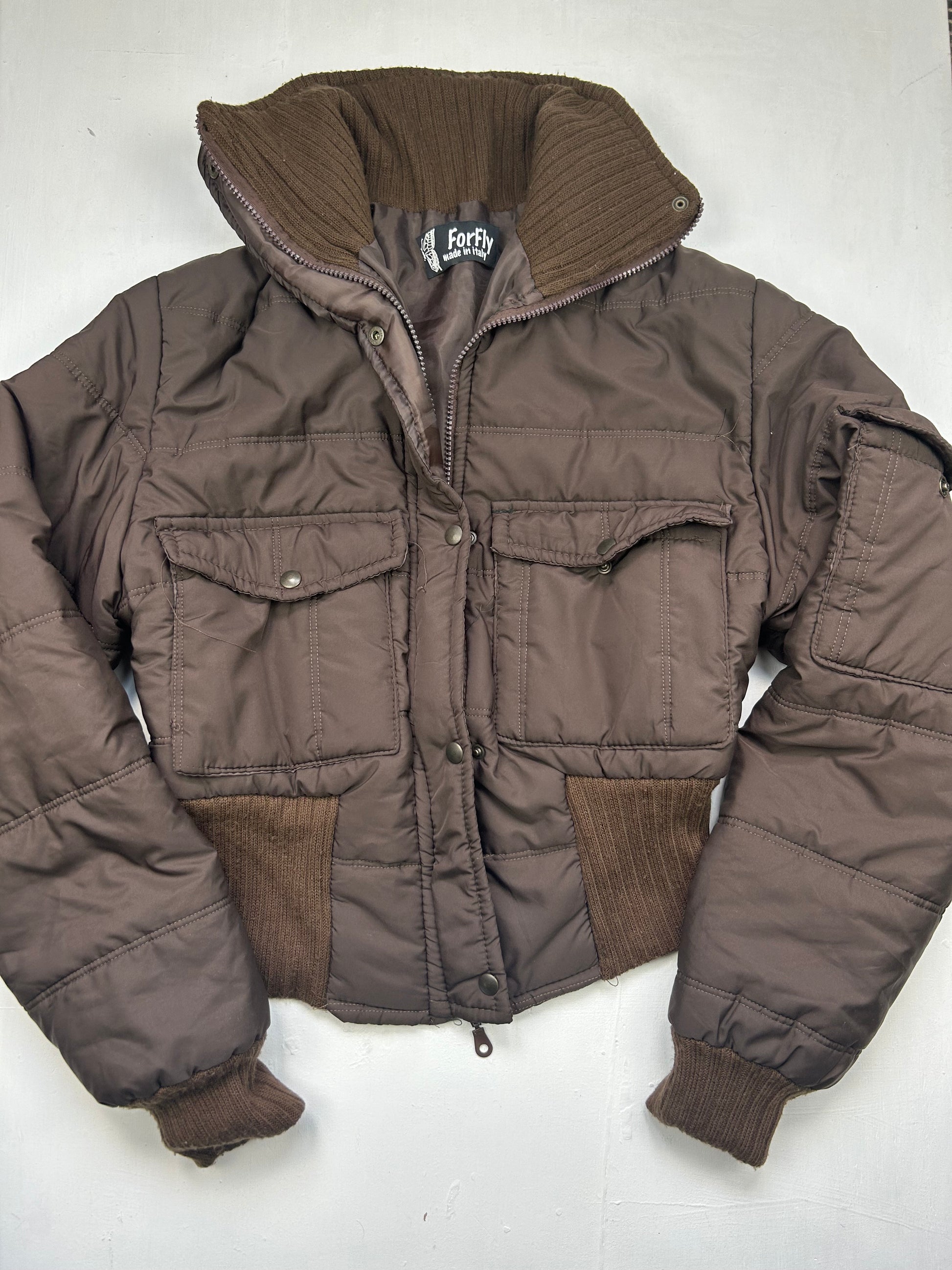 Brown zip up puffer spring jacket (S/M)