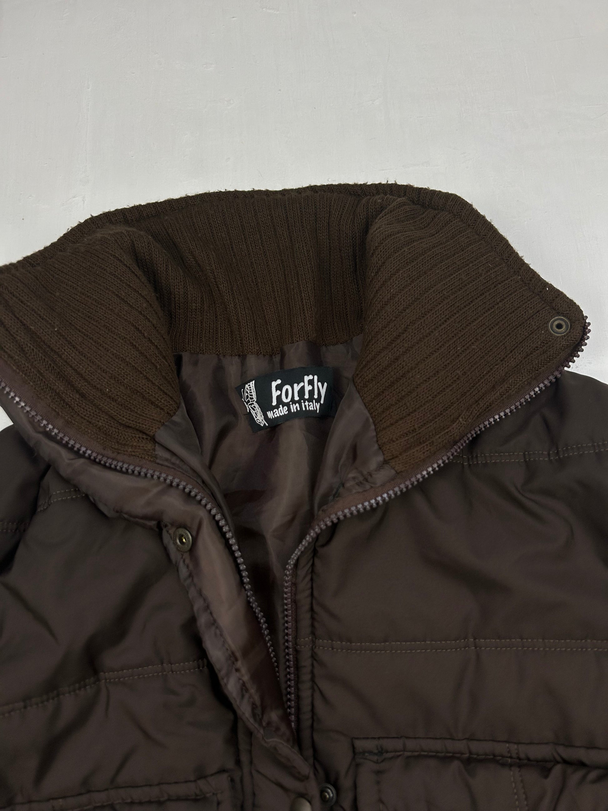 Brown zip up puffer spring jacket (S/M)
