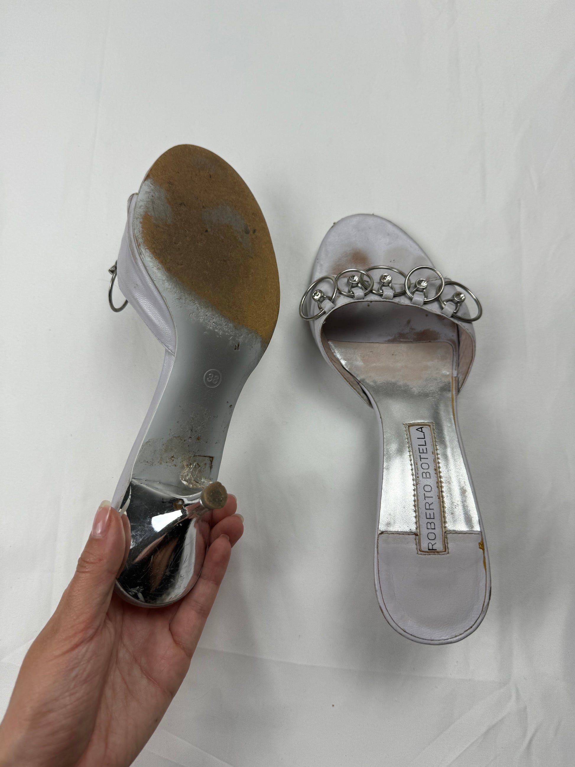 Silver pearls real leather heels mules (38)