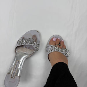 Silver pearls real leather heels mules (38)