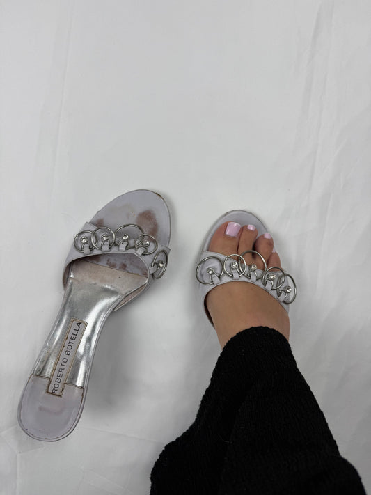 Silver pearls real leather heels mules (38)