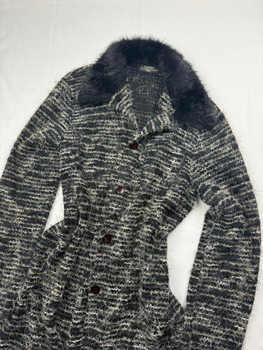 Grey faux fur neck long cardigan (S/M)