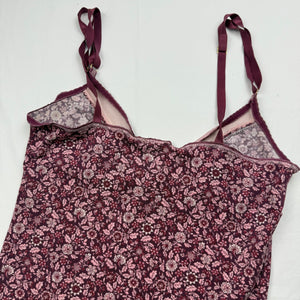 Purple floral tight fit lycra babydoll cami top (XS)