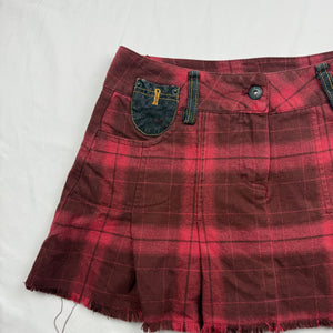 Red check print low rise pleated mini skirt (S)