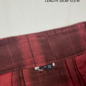 Red check print low rise pleated mini skirt (S)