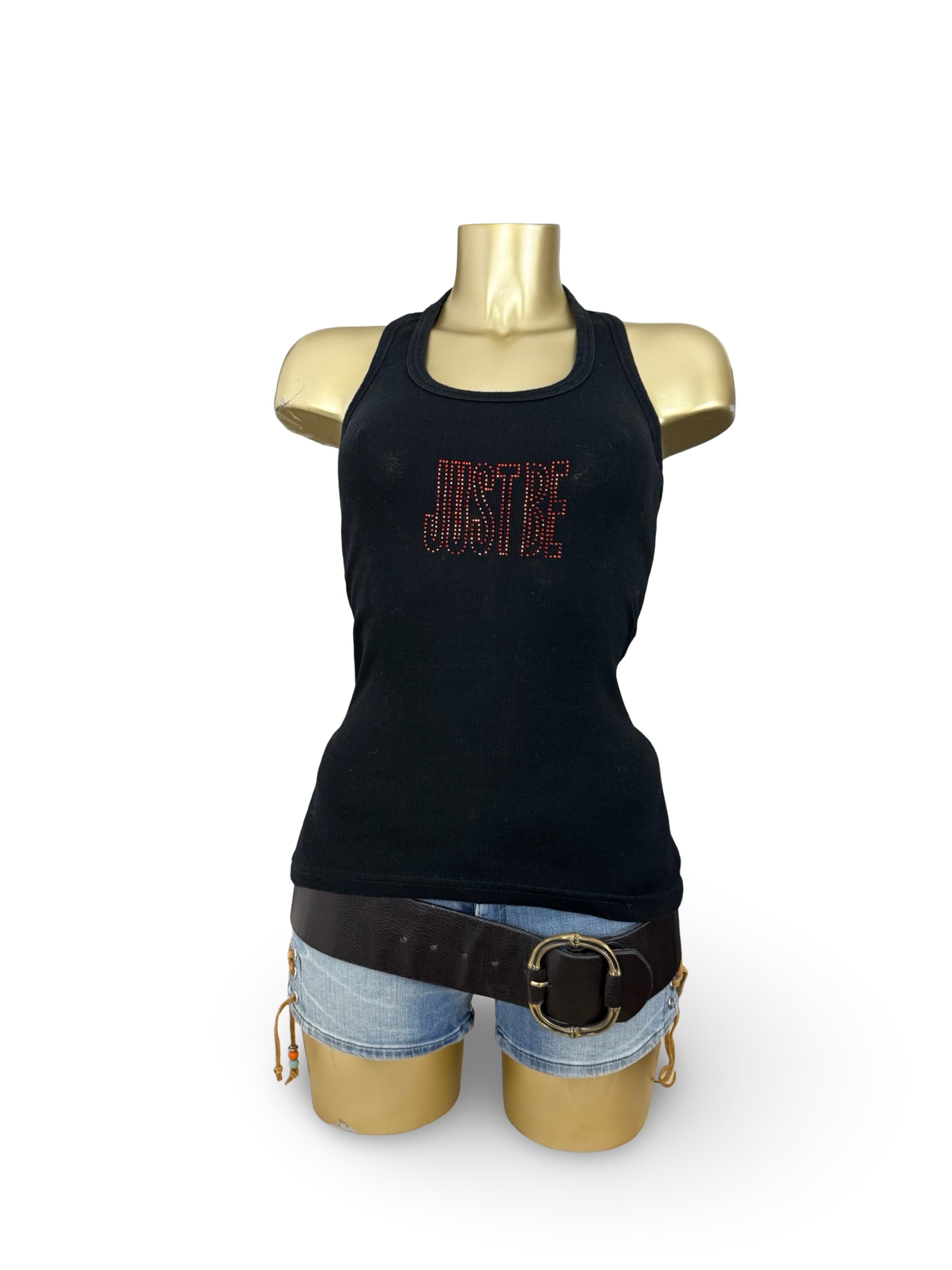 Black ribbed rhinestones logo tank top (S/M)