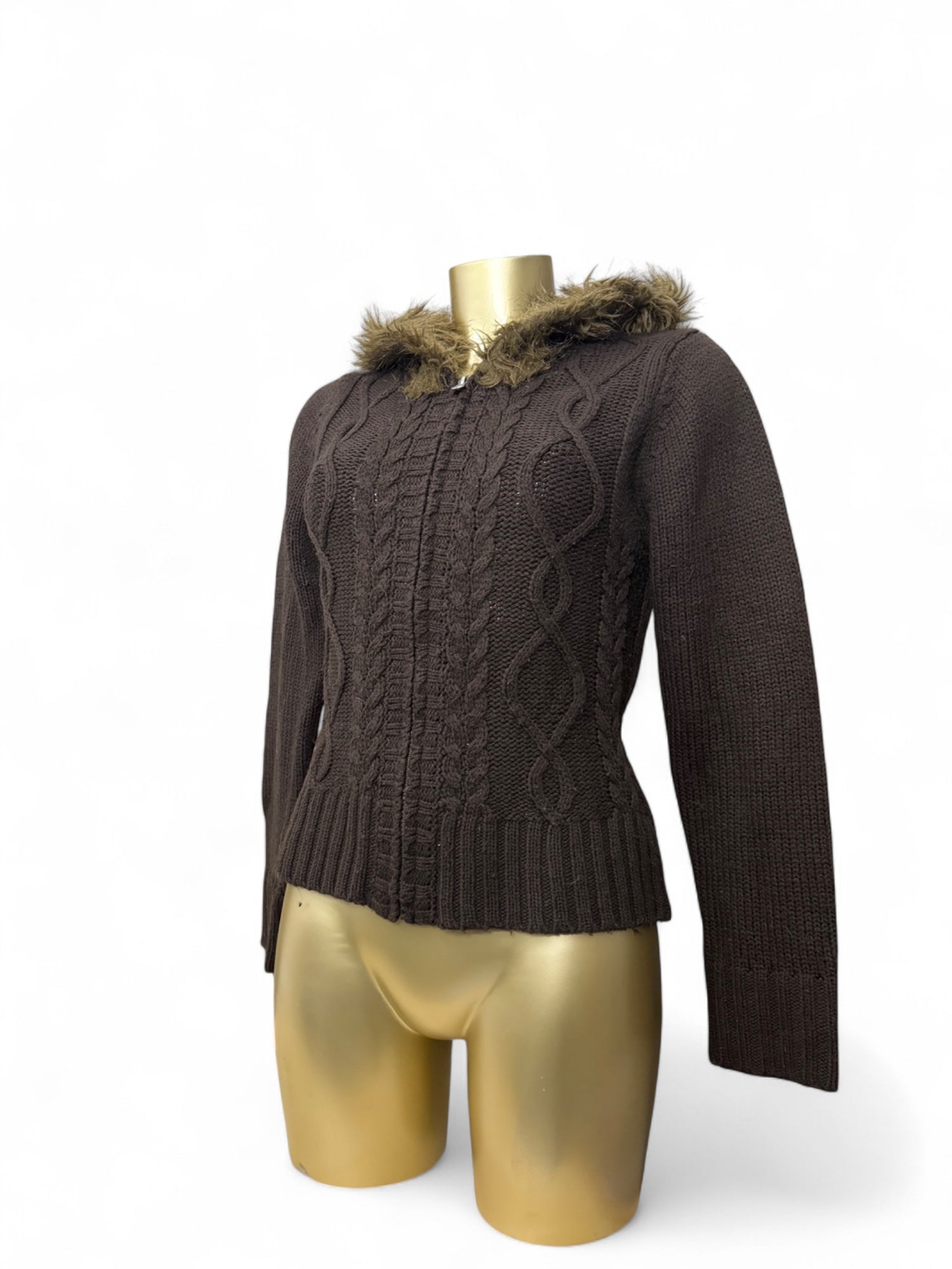 Brown faux fur hooded zip up jumper (L)