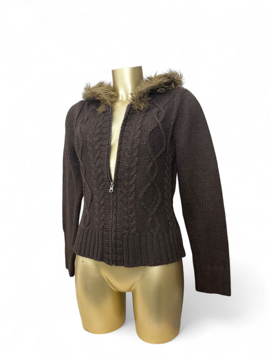 Brown faux fur hooded zip up jumper (L)