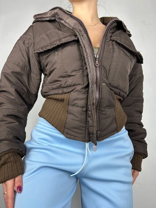 Brown zip up puffer spring jacket (S/M)