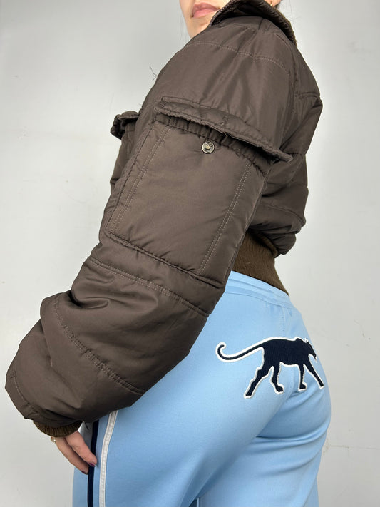 Brown zip up puffer spring jacket (S/M)