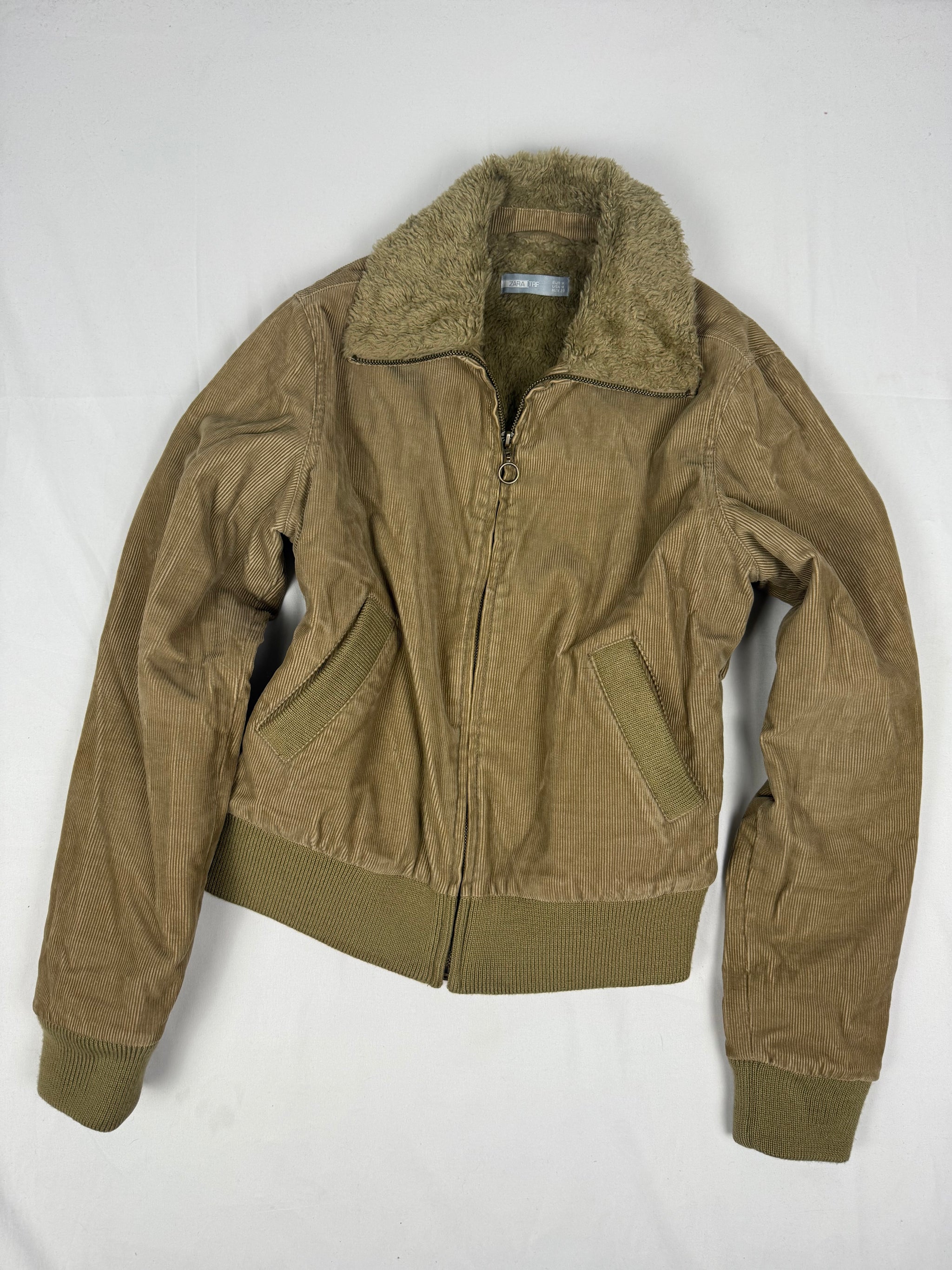 Beige ribbed inside faux fur biker jacket (M)