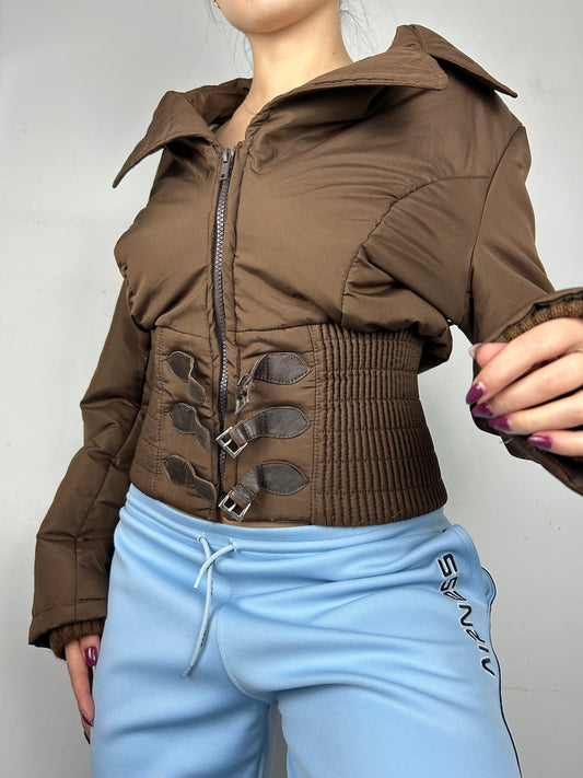 Brown zip up puffer spring jacket (S)