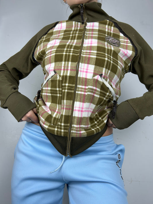 Khaki check print zip up fleece jacket (M)