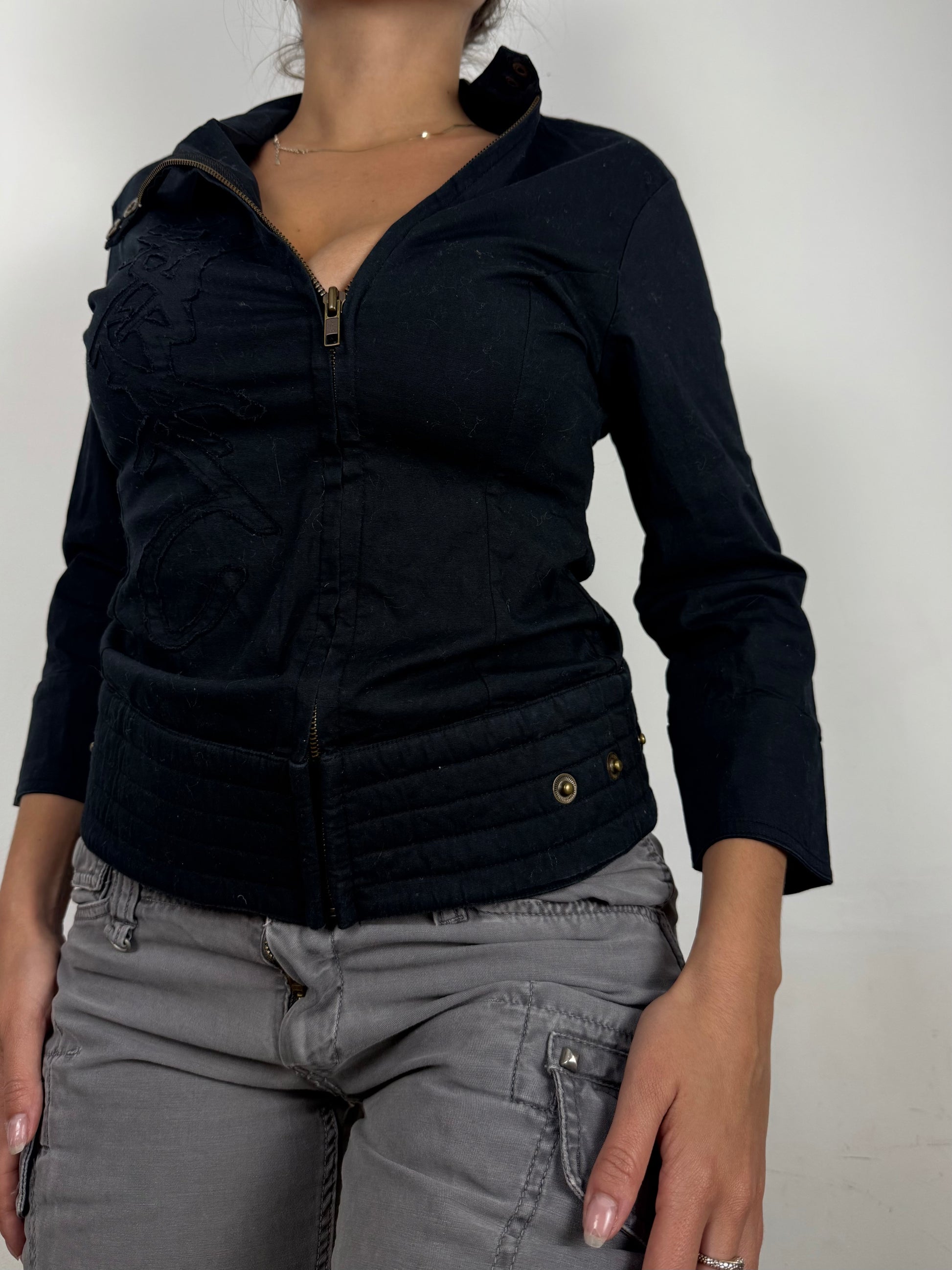Black zip up 3/4 sleeves biker jacket (S)