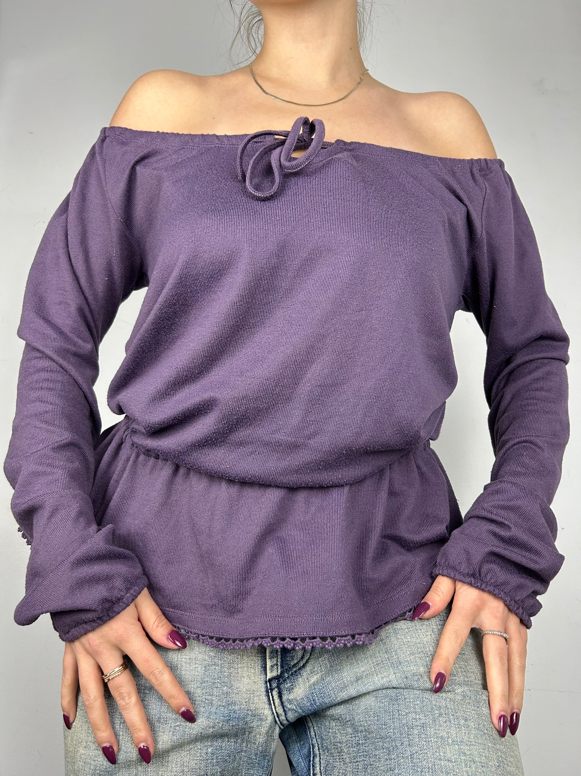 Purple tie up flared long sleeves top (M/L)