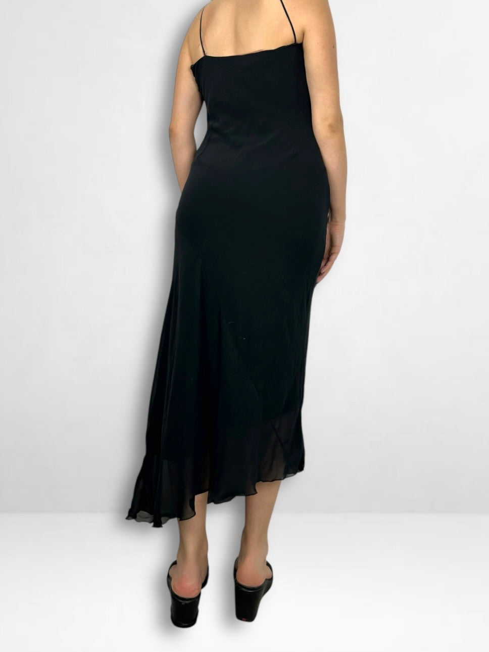 Black mesh lined asymmetric maxi dress (S/M)