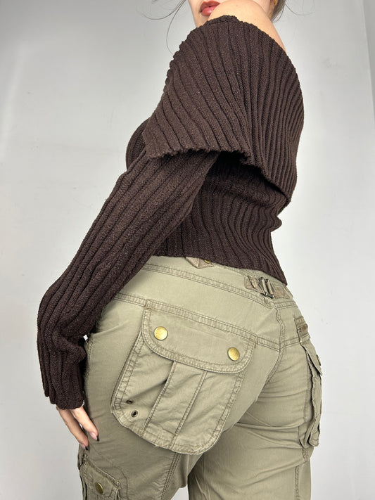 Brown bardot neck zip up  jumper (One size)