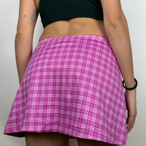 Pink check print low rise pleated mini tennis skirt (S)