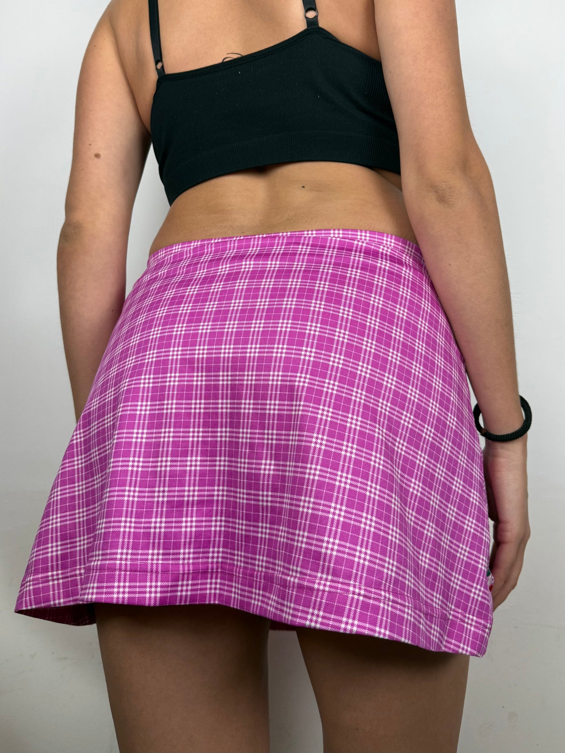 Pink check print low rise pleated mini tennis skirt (S)