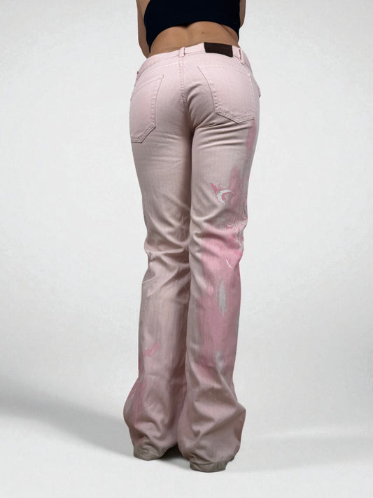 Baby pink denim low rise flare pants (XS/S)