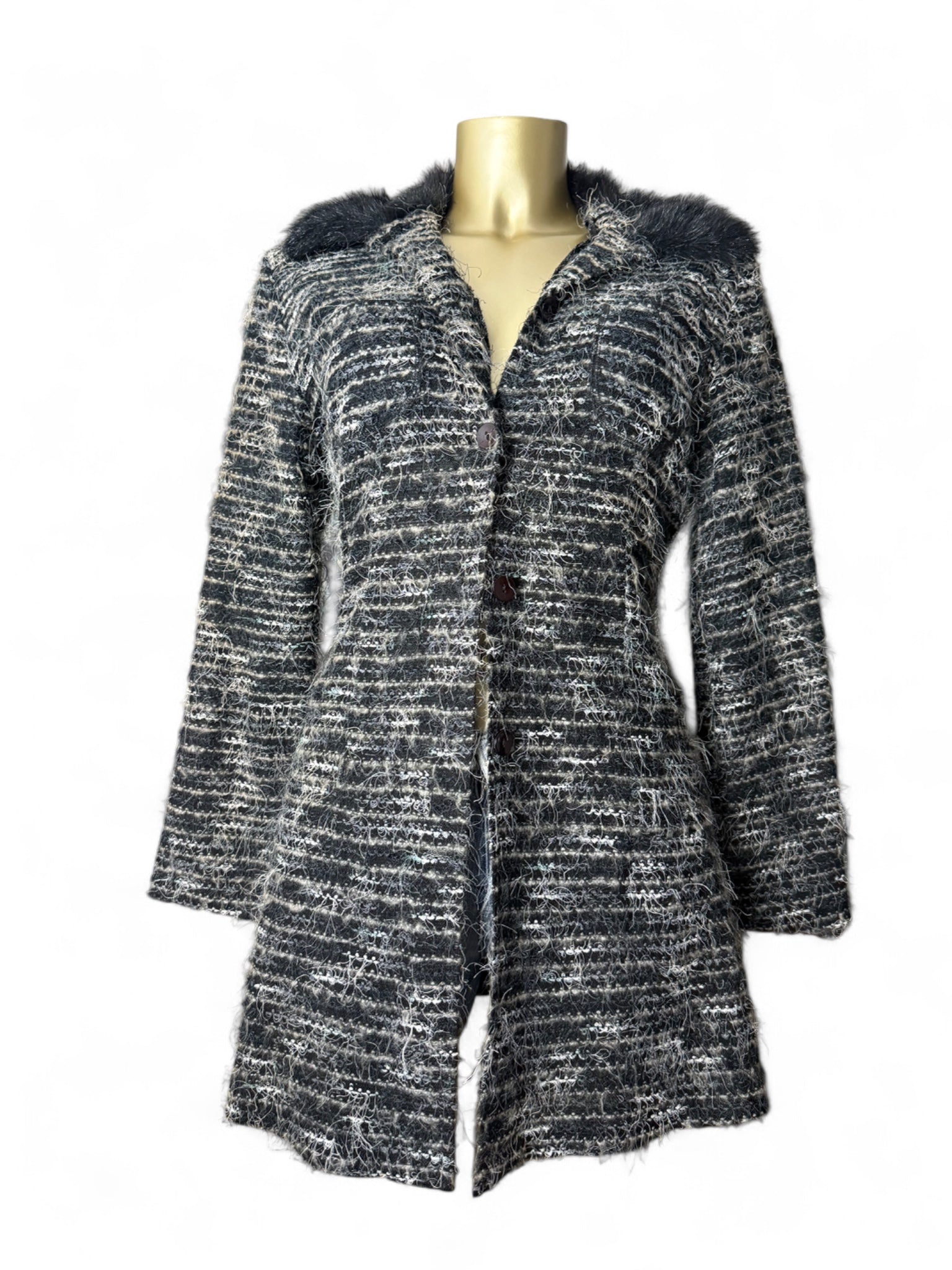 Grey faux fur neck long cardigan (S/M)