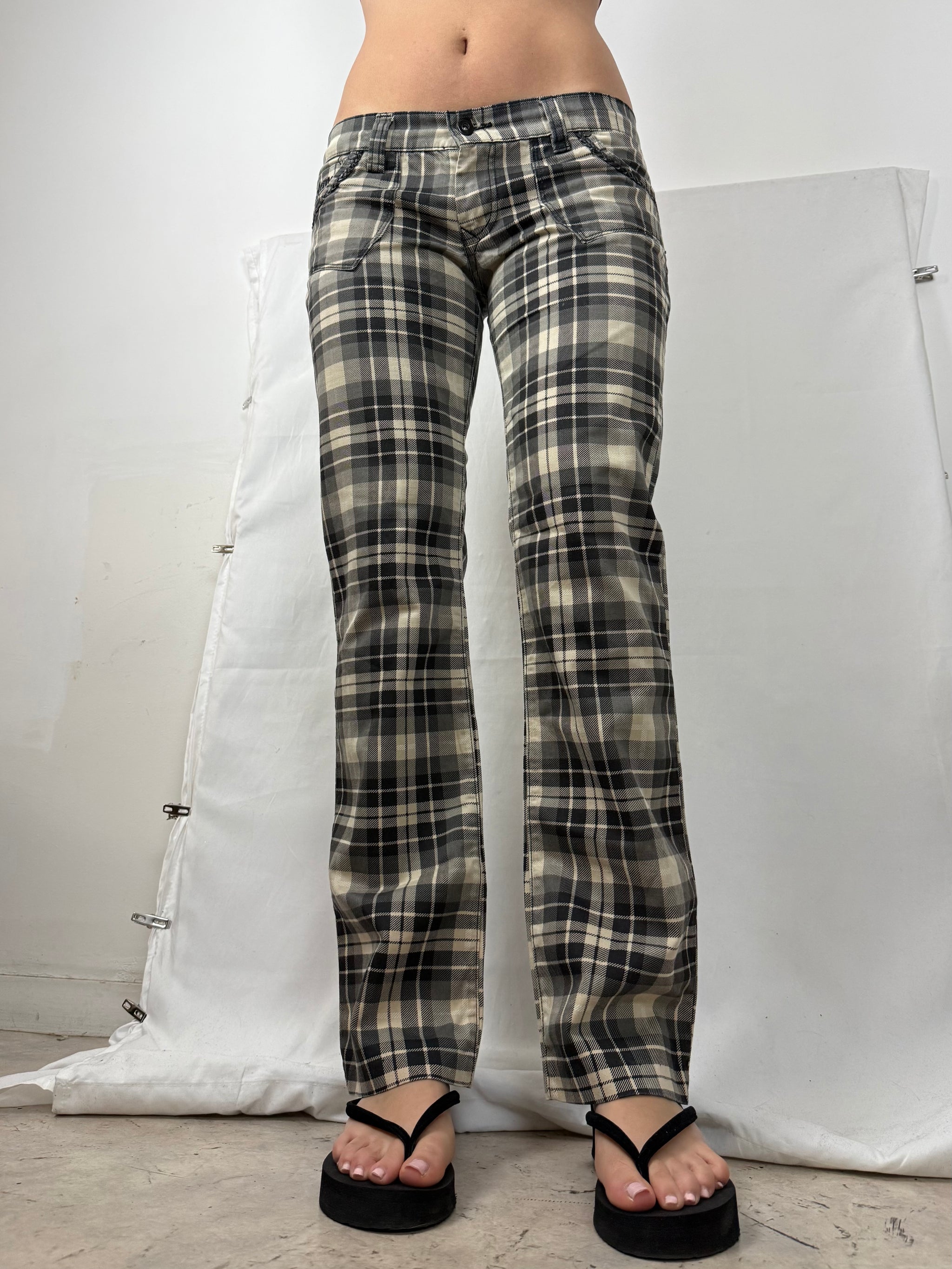 Black check print low waist straight legs denim pants (L)