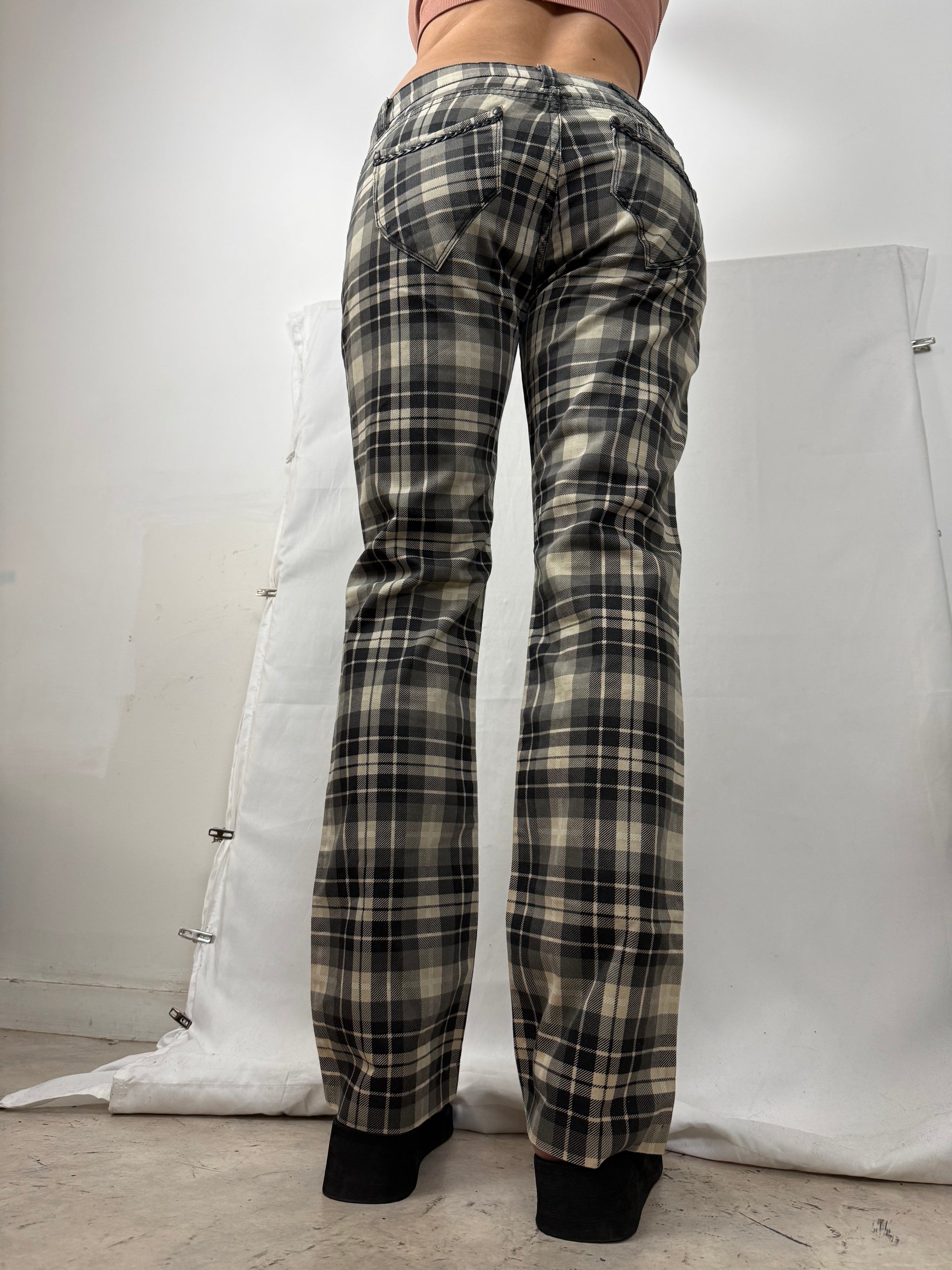 Black check print low waist straight legs denim pants (L)