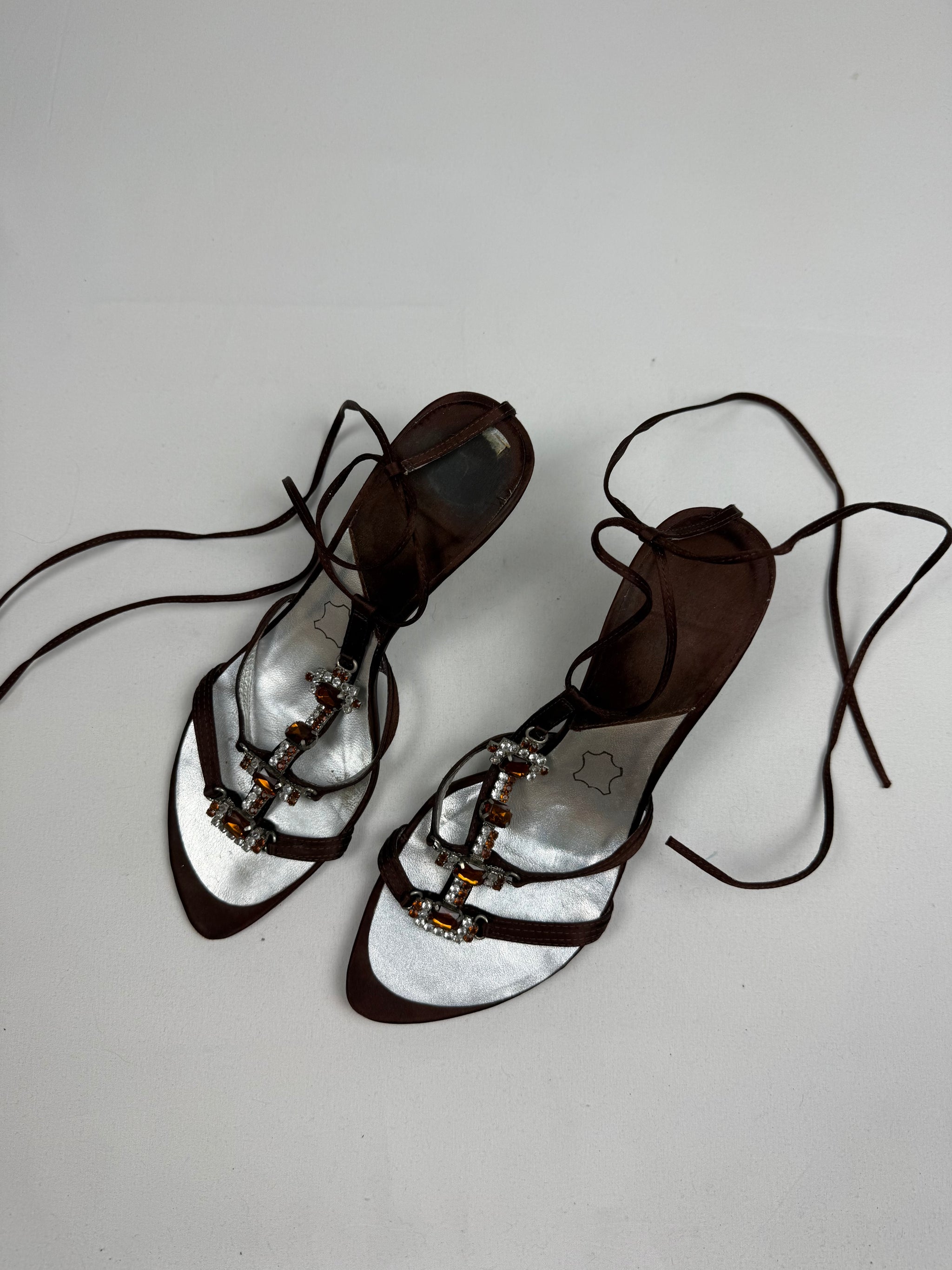 Brown rhinestones lace up heels (39)