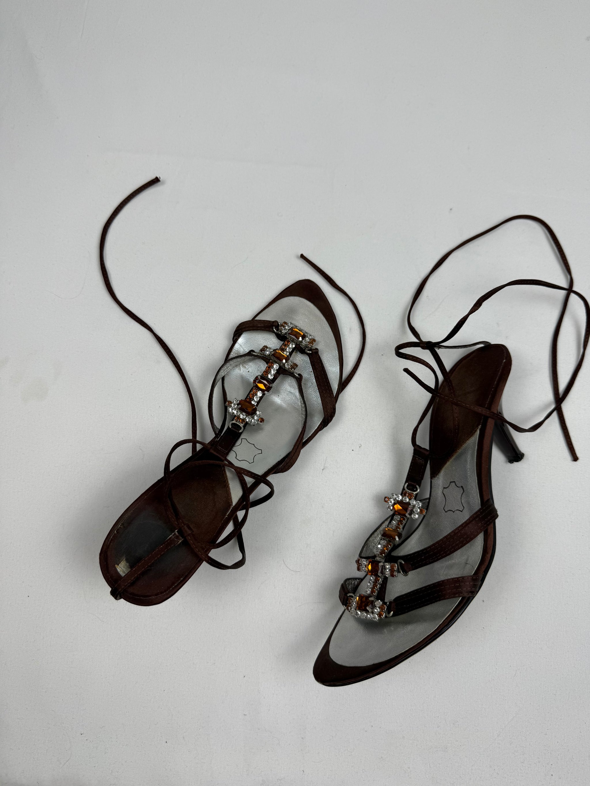 Brown rhinestones lace up heels (39)
