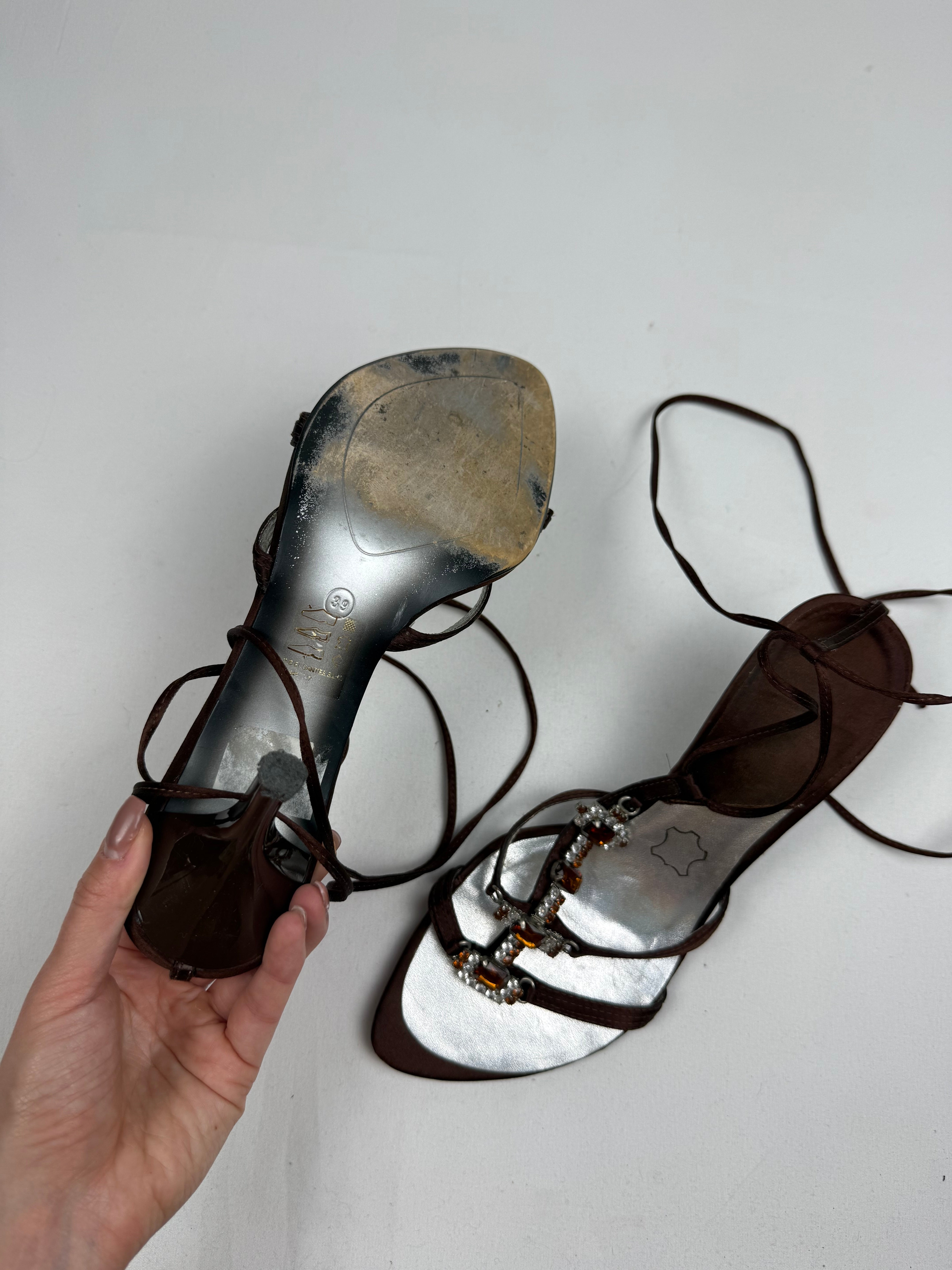 Brown rhinestones lace up heels (39)