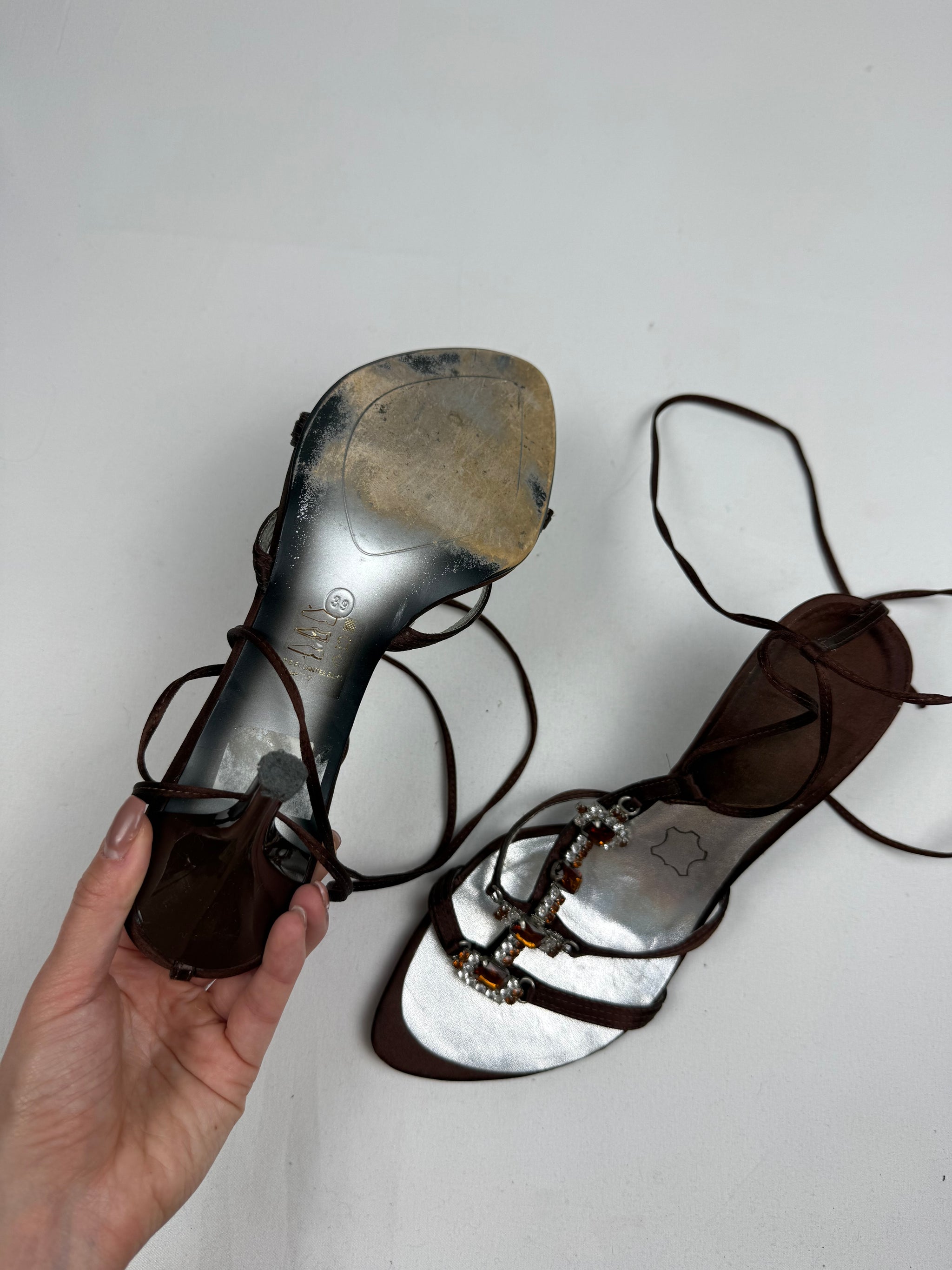 Brown rhinestones lace up heels (39)