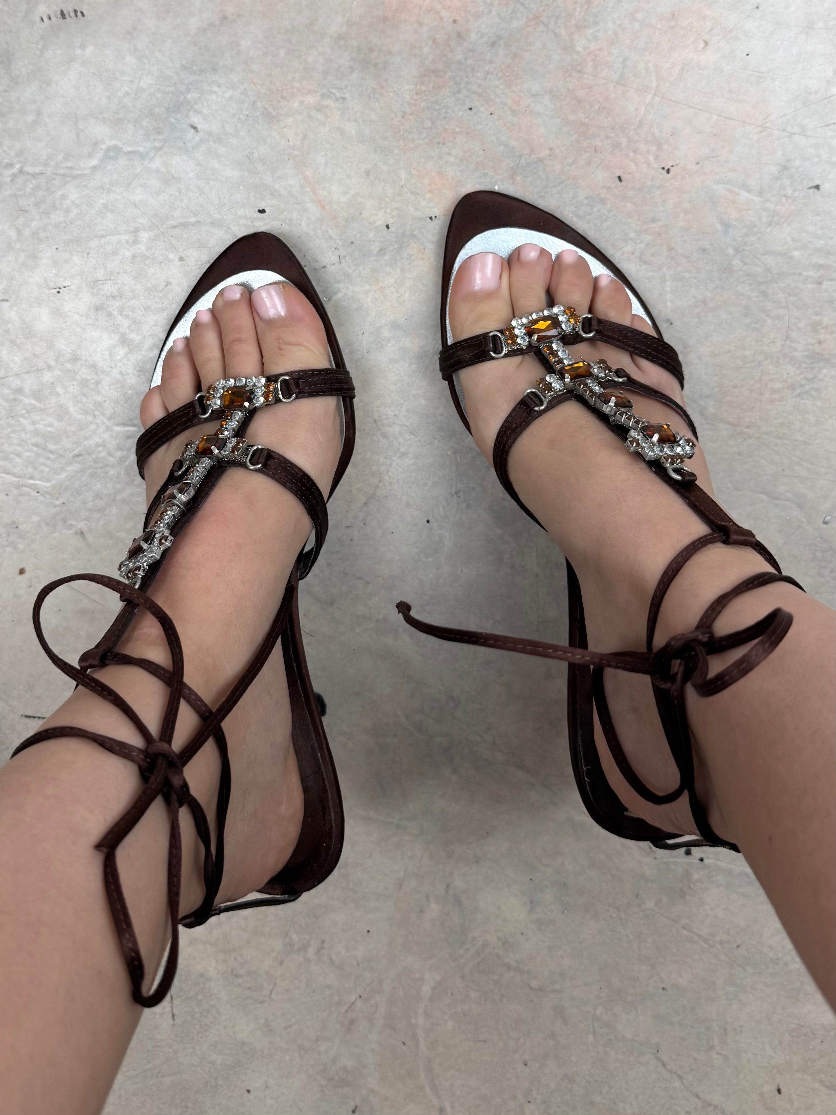 Brown rhinestones lace up heels (39)