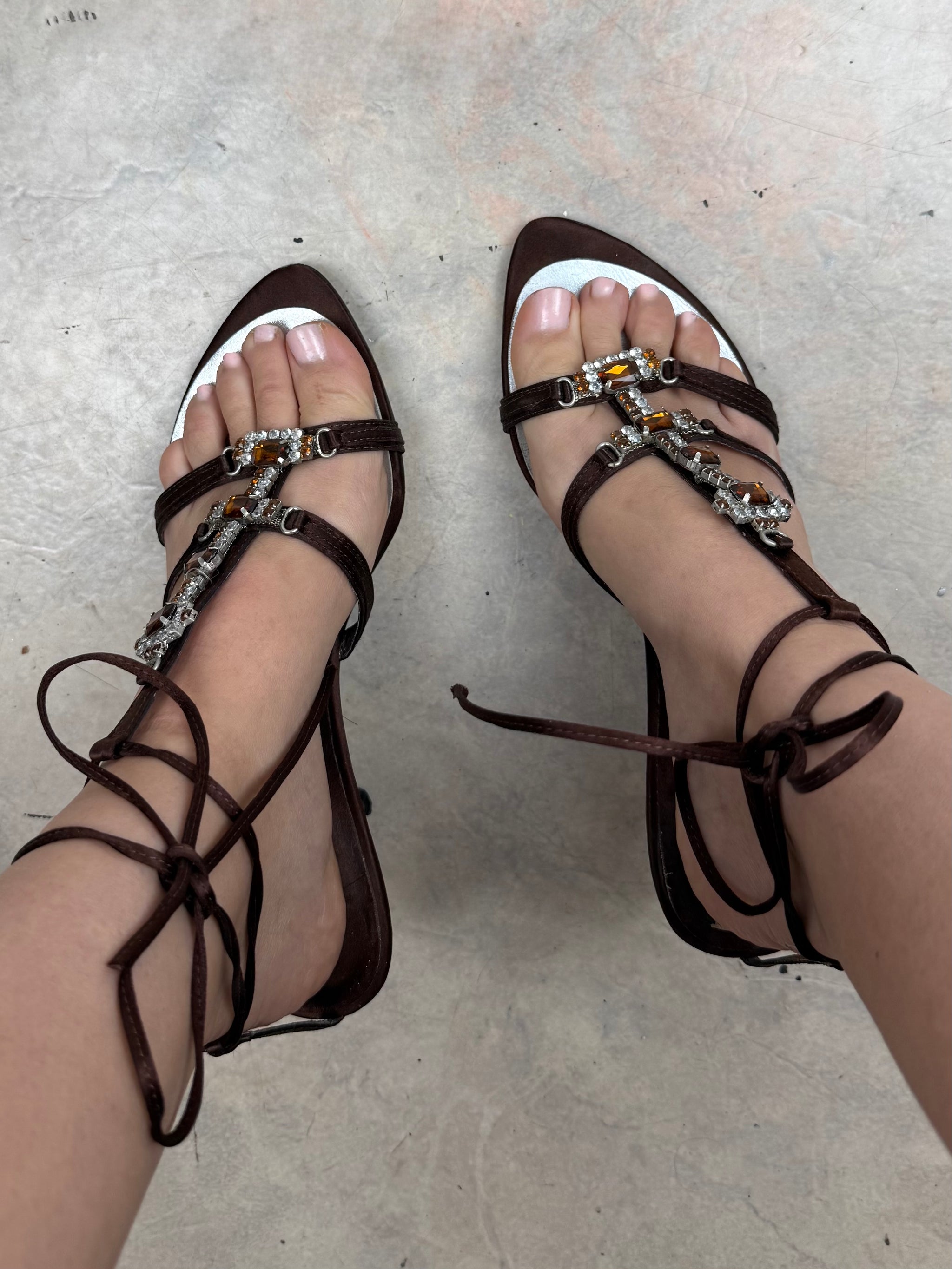 Brown rhinestones lace up heels (39)