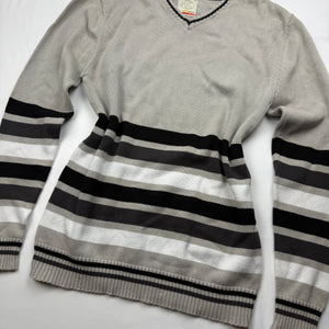 Beige V neck striped 100% cotton jumper (L)