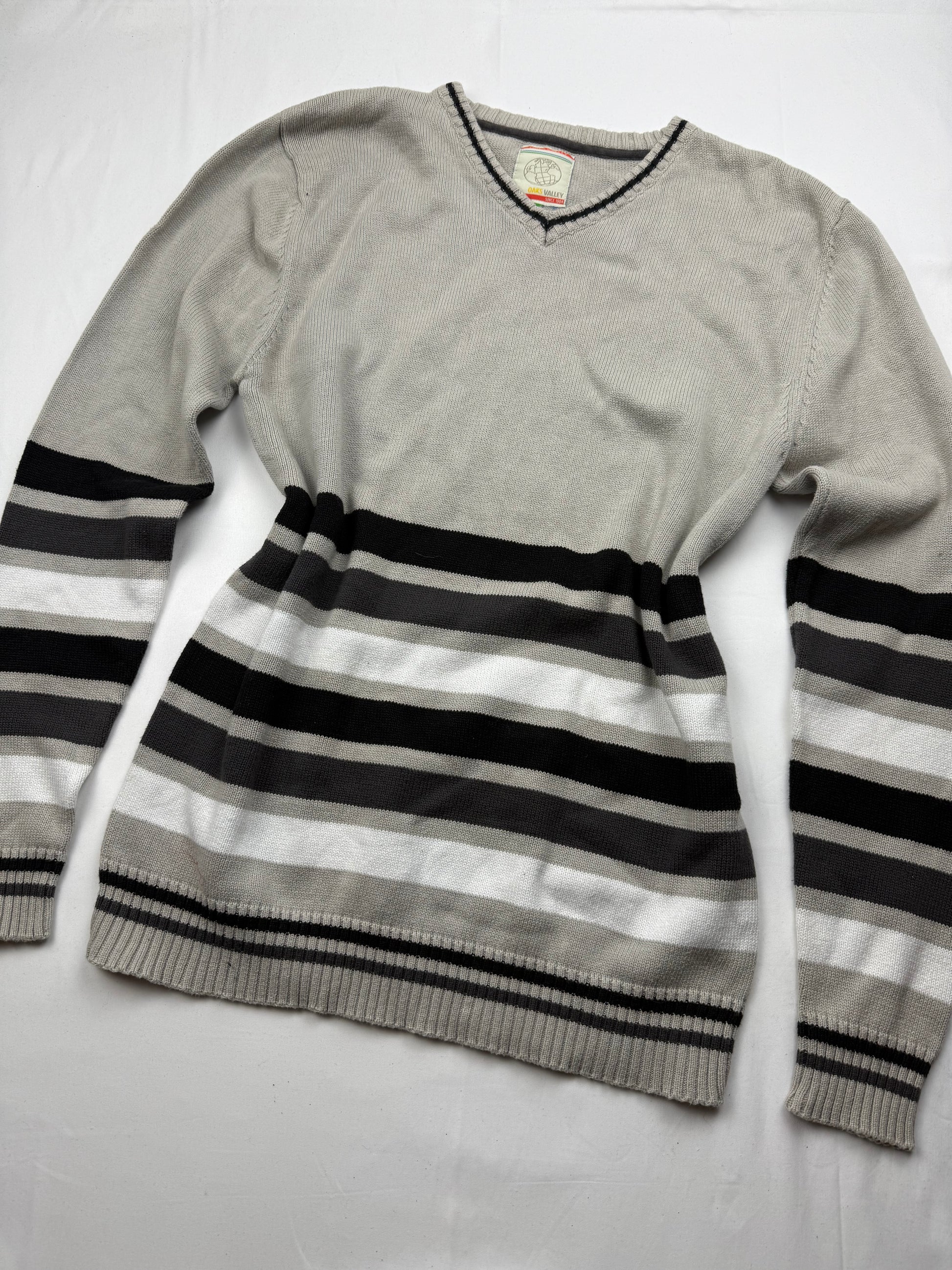Beige V neck striped 100% cotton jumper (L)