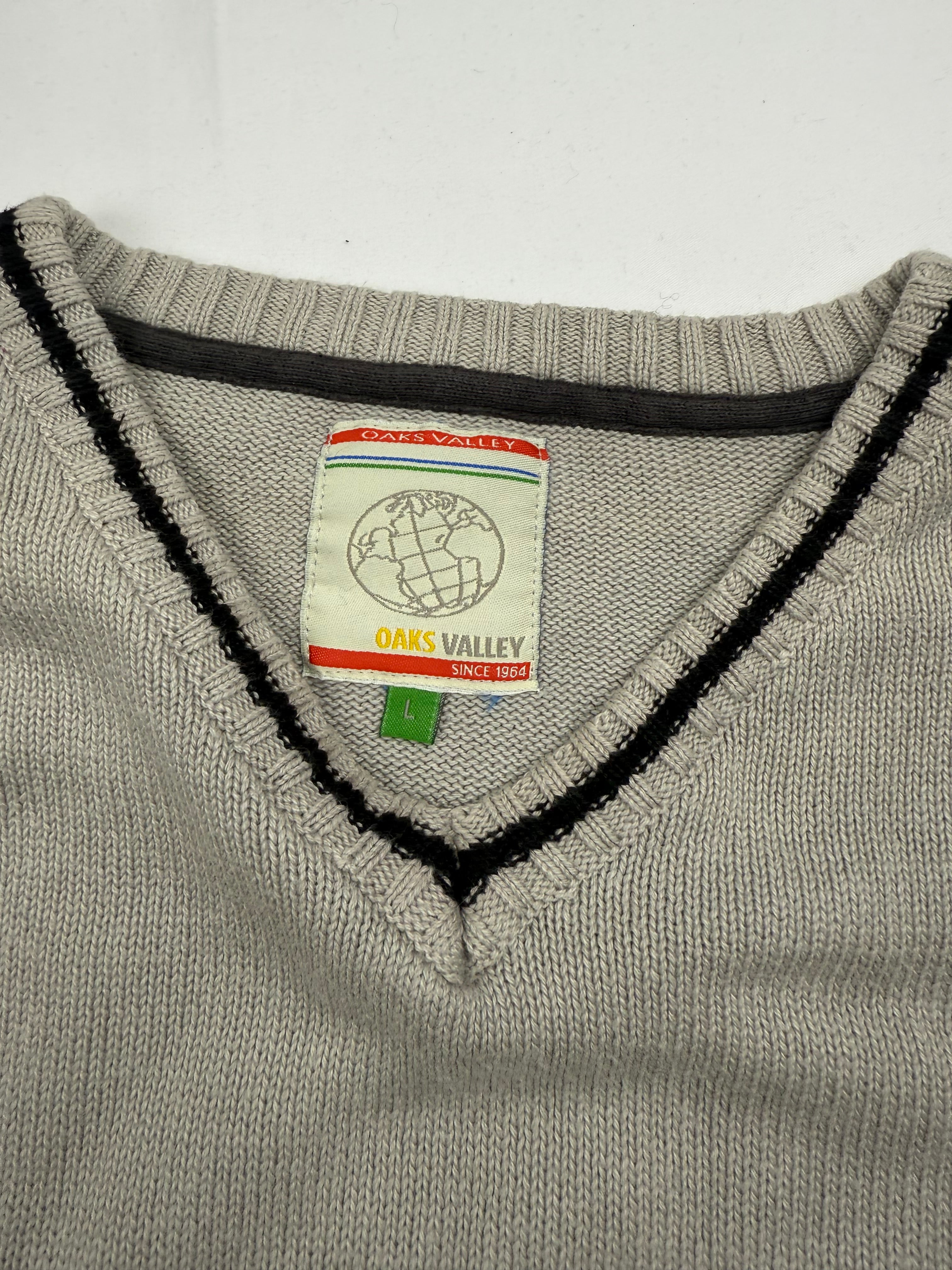 Beige V neck striped 100% cotton jumper (L)