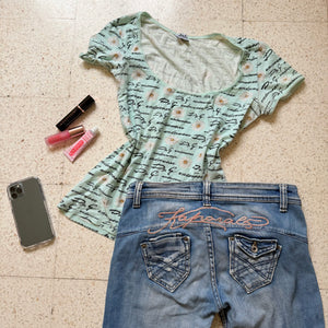 Baby blue floral graphic cotton tee (M)