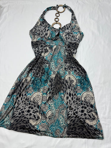 Blue graphic backless mini dress (S/M)