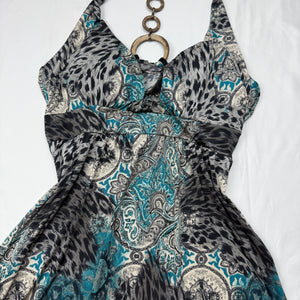 Blue graphic backless mini dress (S/M)