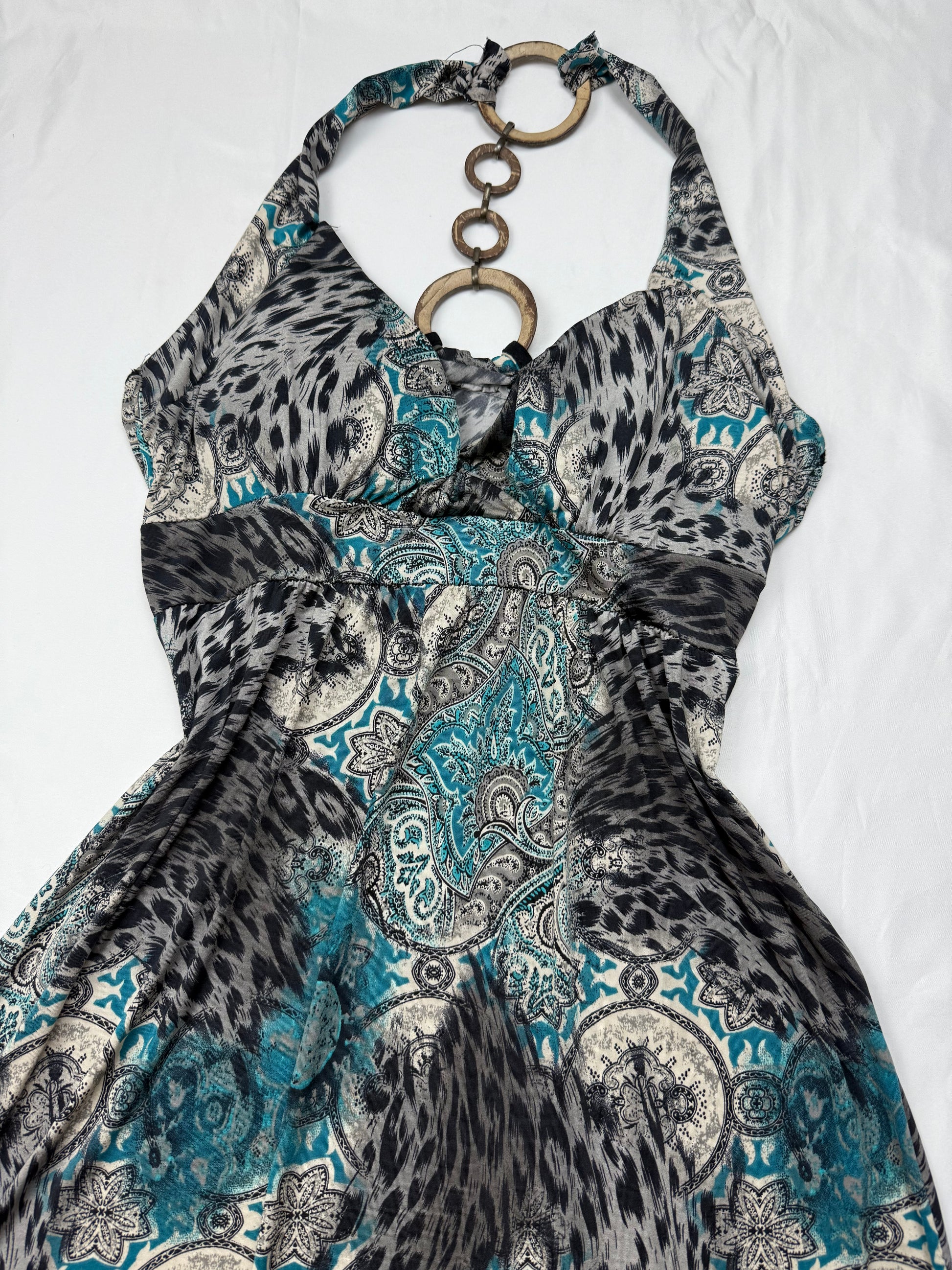 Blue graphic backless mini dress (S/M)