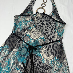 Blue graphic backless mini dress (S/M)