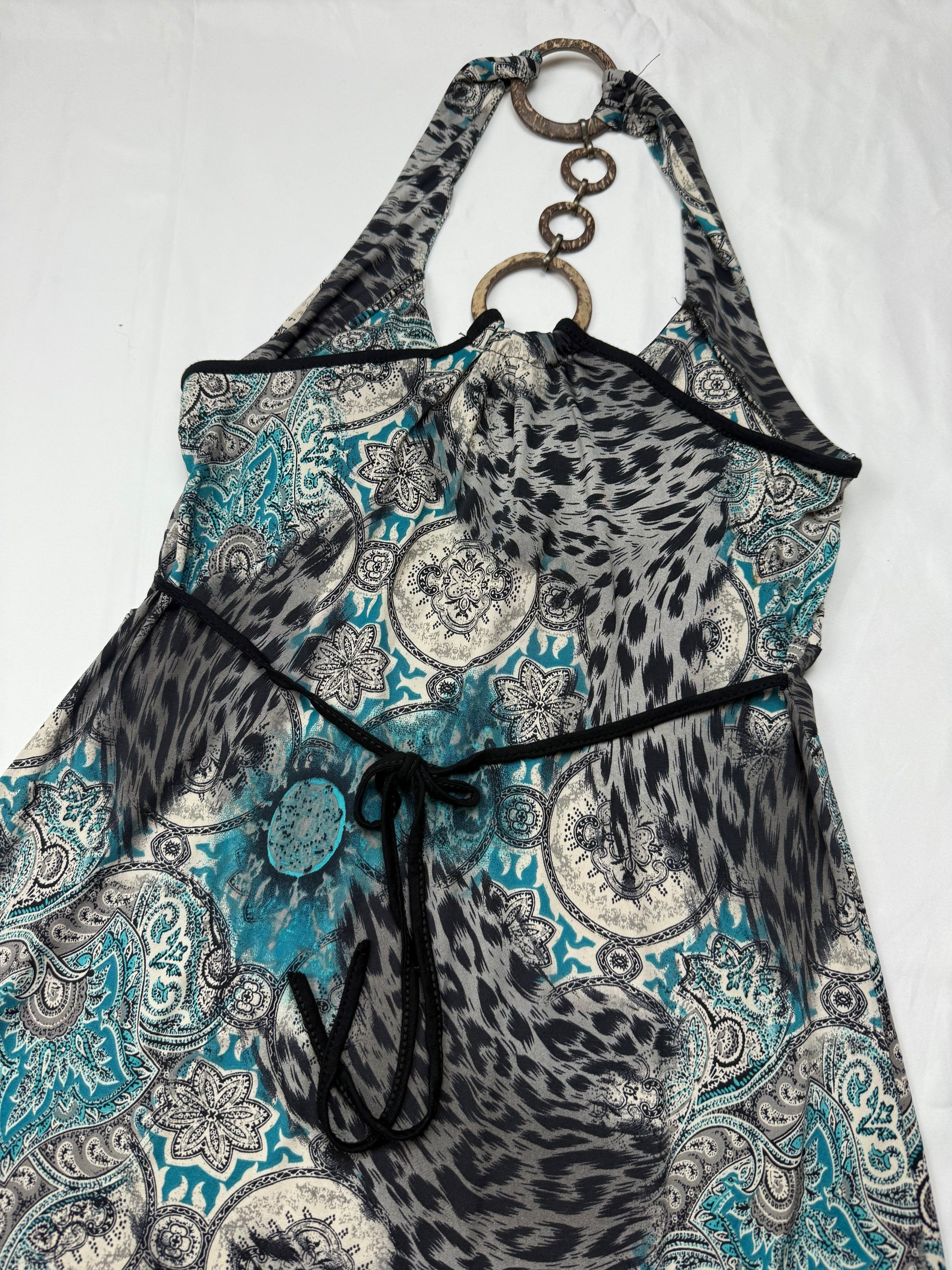 Blue graphic backless mini dress (S/M)