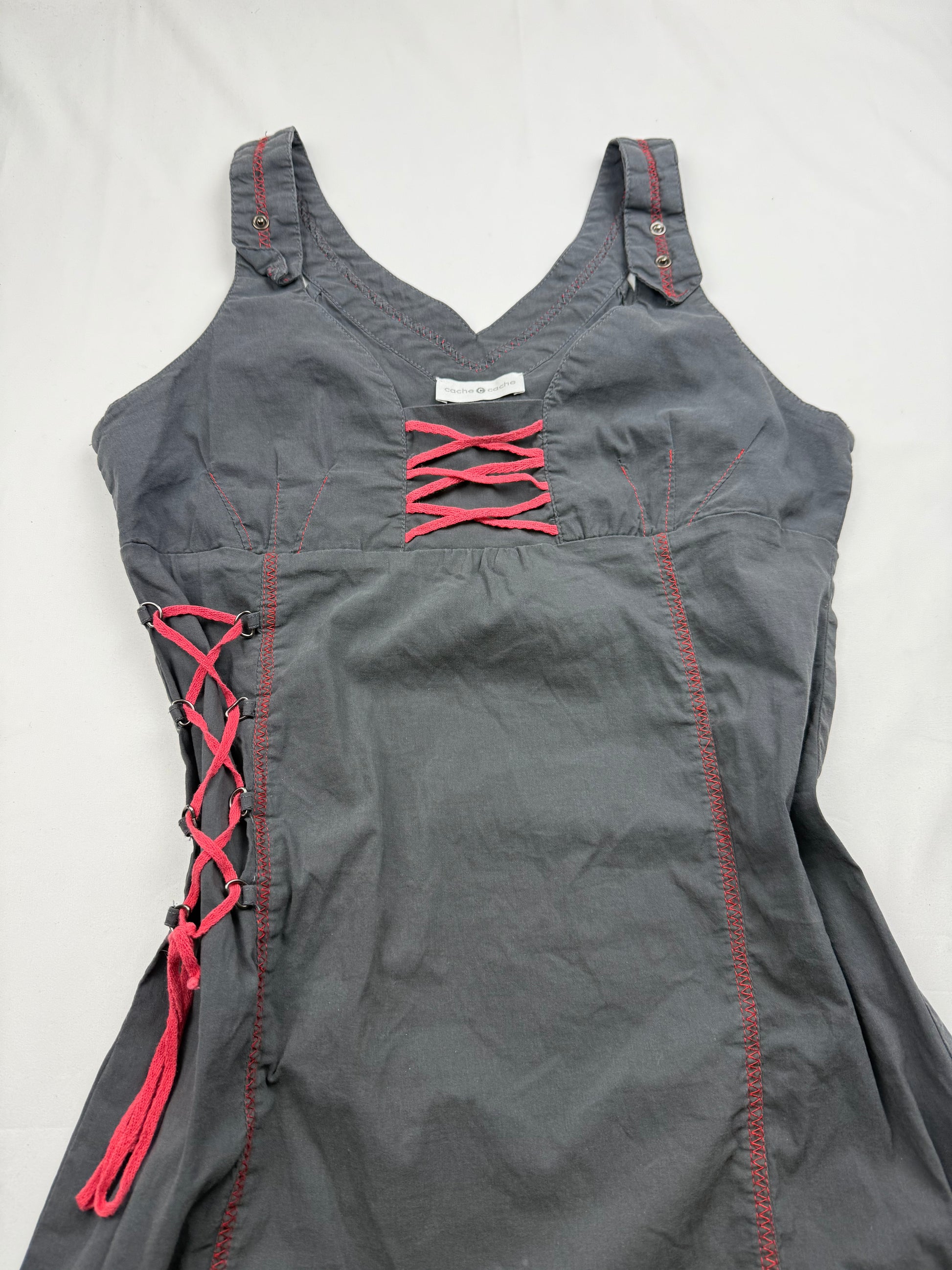 Grey & red lace up utility mini dress (S/M)
