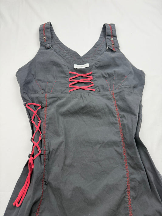 Grey & red lace up utility mini dress (S/M)
