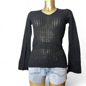 Black crochet tight fit flared sleeves jumper (S)