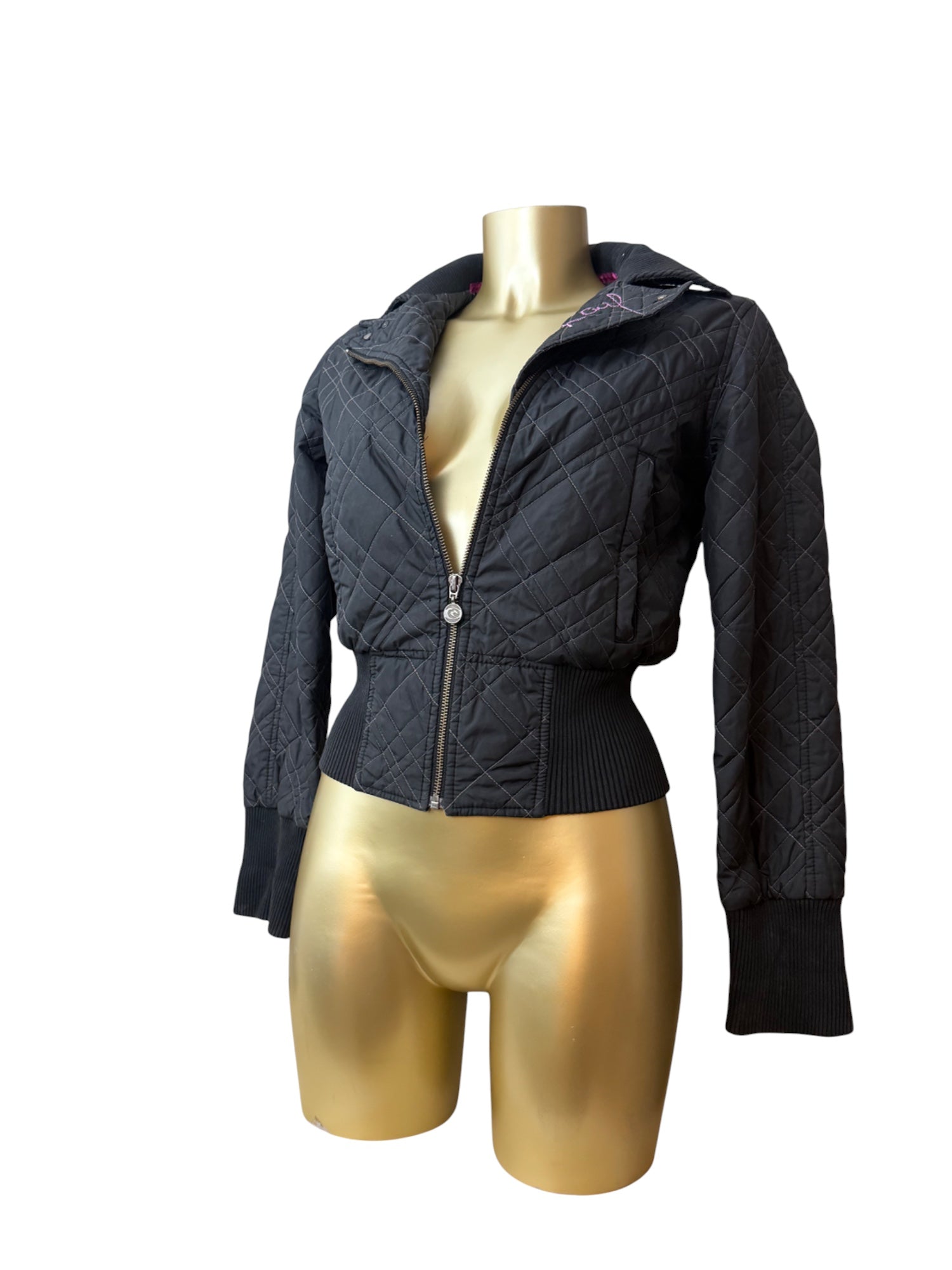 Black zip up tight fit puffer jacket (S)