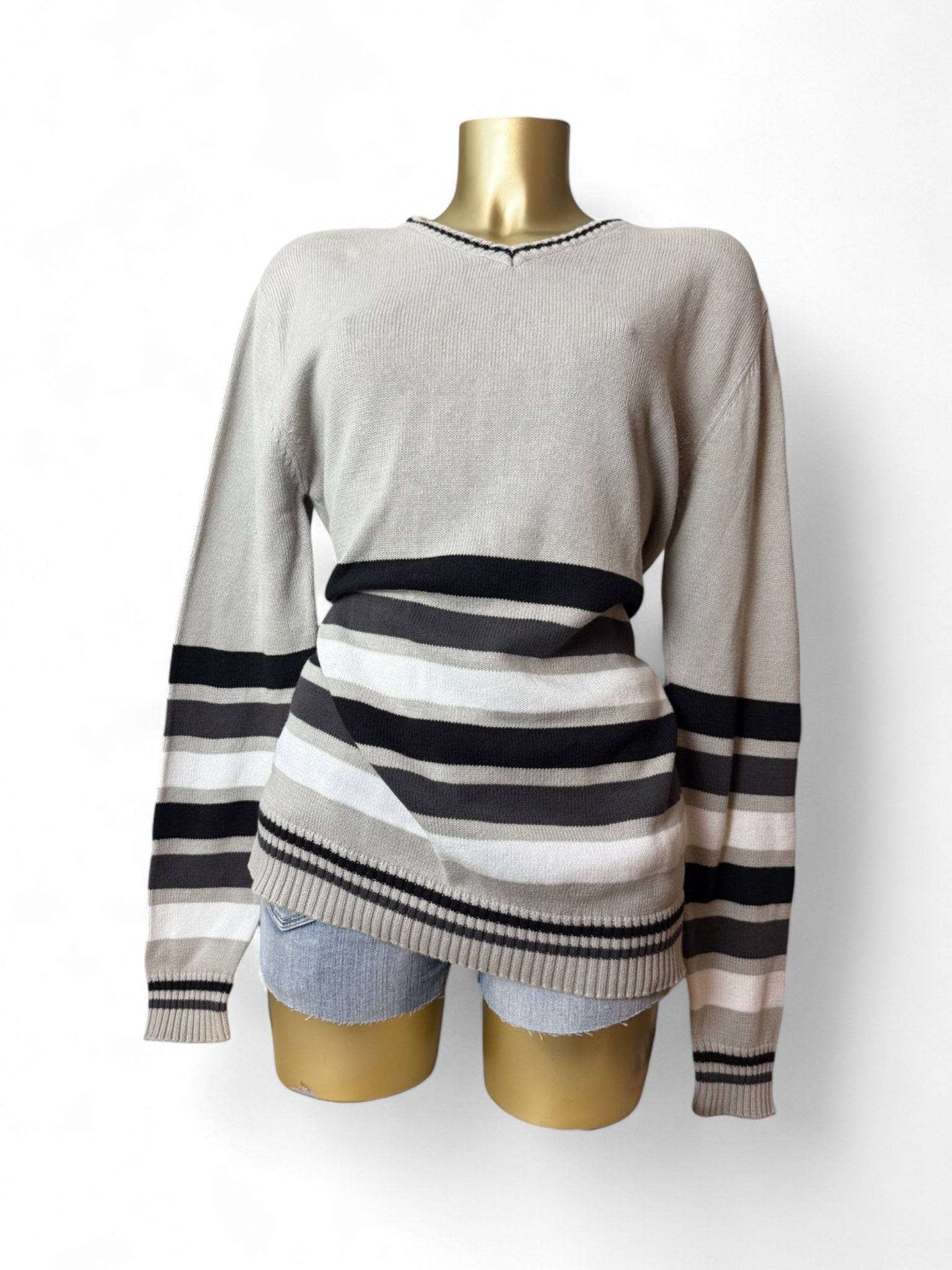 Beige V neck striped 100% cotton jumper (L)