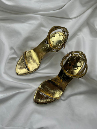 Gold rhinestones 100% real leather heels shoes (36)