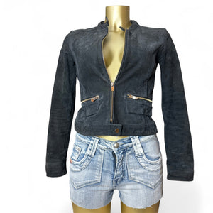 Black real suede leather tight fit biker jacket (XS)
