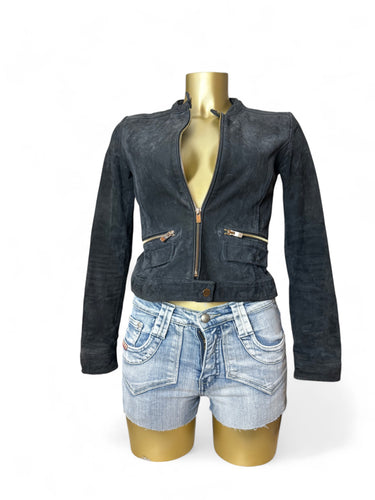 Black real suede leather tight fit biker jacket (XS)